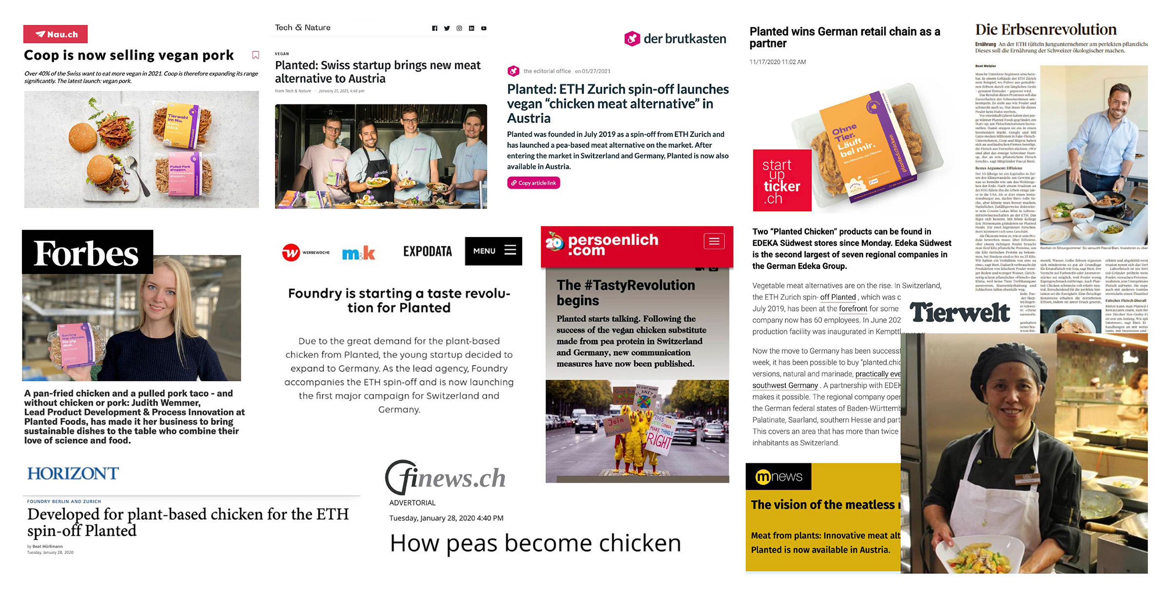 Press clippings about Planted from Forbes, Nau.ch, Tierwelt and other publications